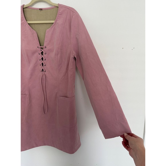 Free People Faux Suede Rose Pink Mini Dress Medium Lace‎ Up Accent Boho Chic - Picture 7 of 16
